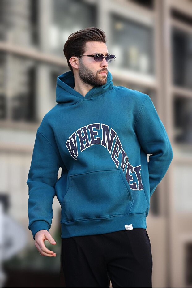 Petrol Blue Hooded Printed Men's Sweatshirt with Pocket Detail E7065