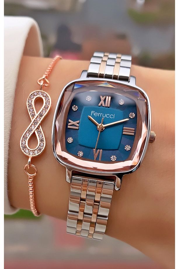 Ferruci Marka Rose Gold Renk Kristal Cam Çelik Kordon 2 Yıl Garantili Kadın Kol Saati - Bileklik - 6