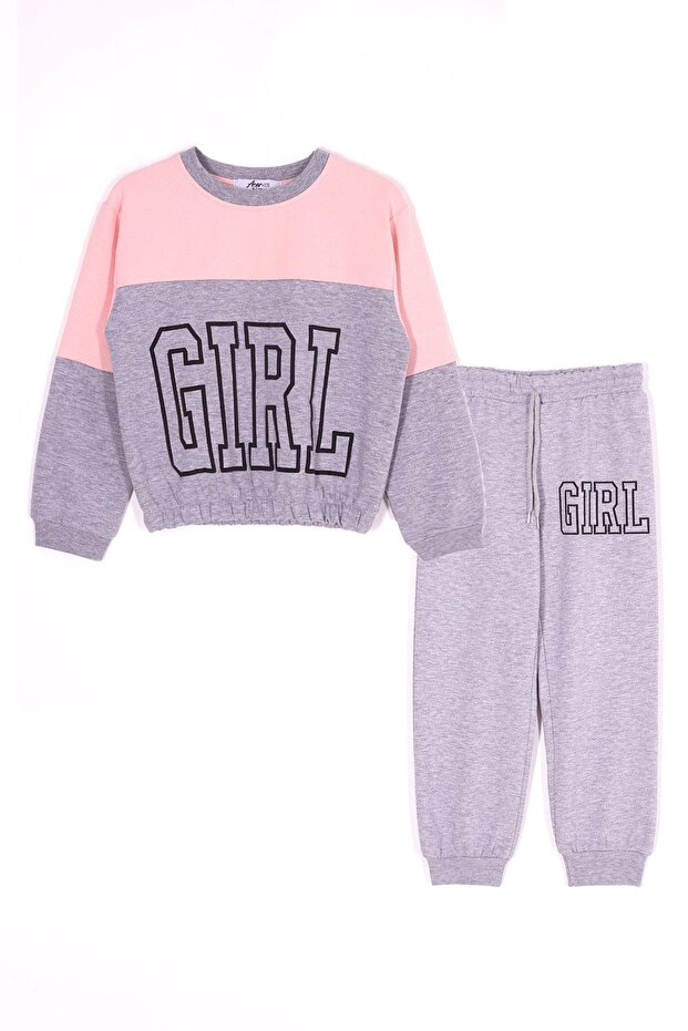Crew Neck Long Sleeve Salmon Color Girl's Tracksuit Set