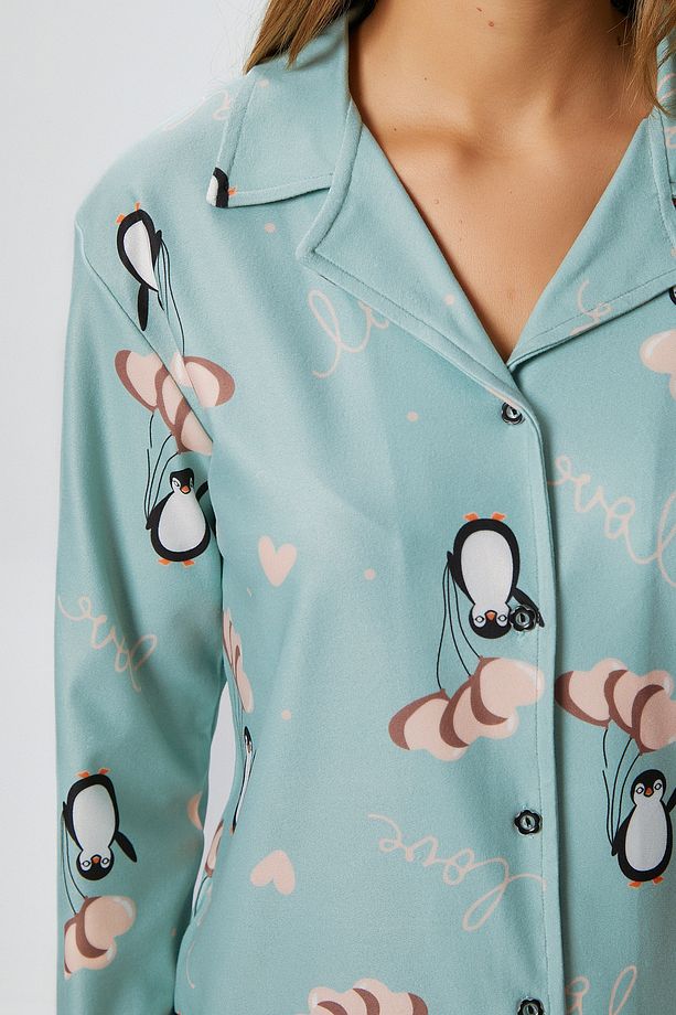 Kadın Nora Premium Mint Penguen Süet Doku Düğmeli Yılbaşı Pijama Takımı - 7