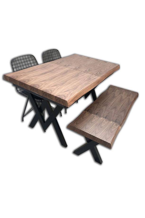 Masa Kütük Desen 12513 Tk Model X Metal Ayak Benc Ve Tel Sandalye-tabure El Yapım - 2