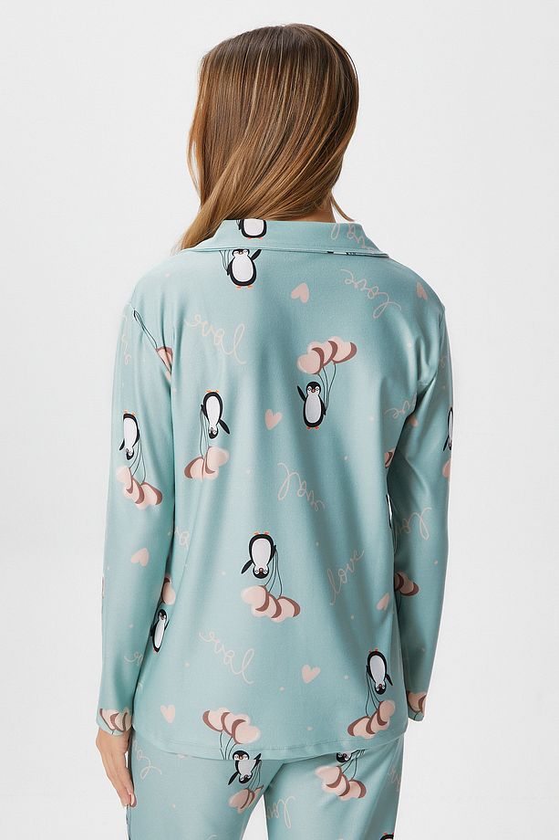 Kadın Nora Premium Mint Penguen Süet Doku Düğmeli Yılbaşı Pijama Takımı - 8