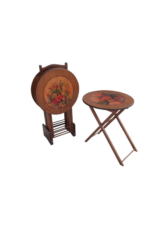 Zigon Çanta17992 Sehpa Model Çiçek Motif Yuvarlak Parlak Ceviz Kayın Ayak El Yapı - 5