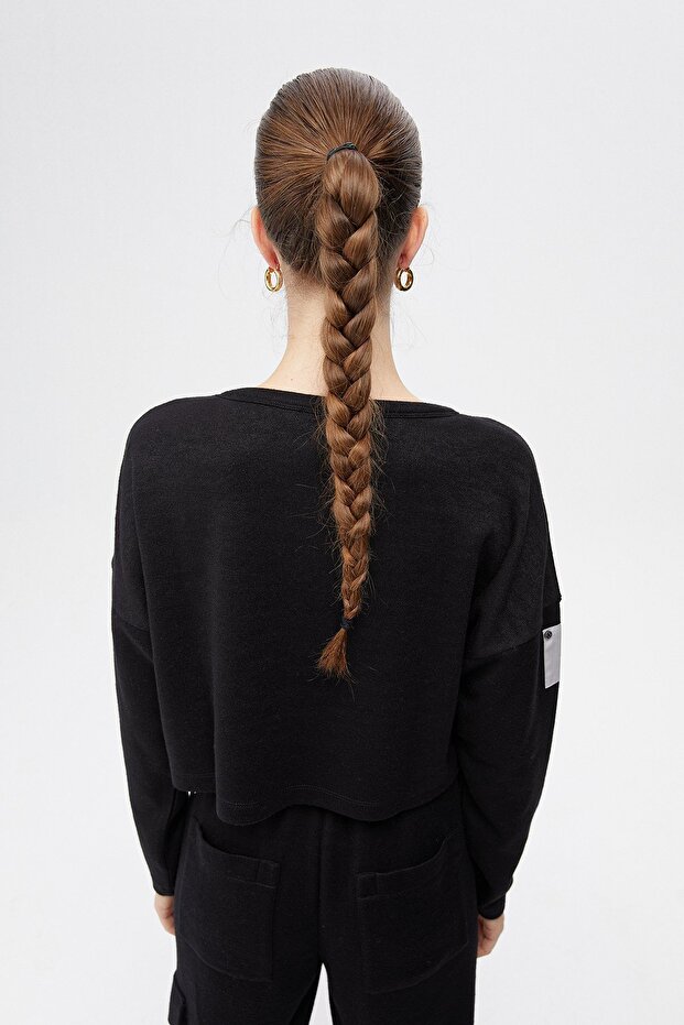 Siyah Basic Kısa Sweatshirt - 5