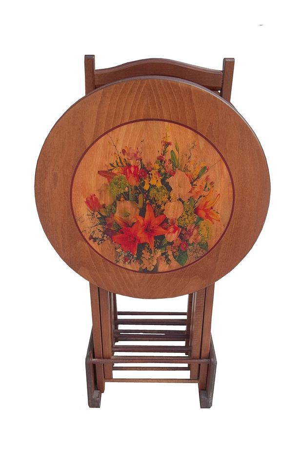 Zigon Çanta17992 Sehpa Model Çiçek Motif Yuvarlak Parlak Ceviz Kayın Ayak El Yapı - 6