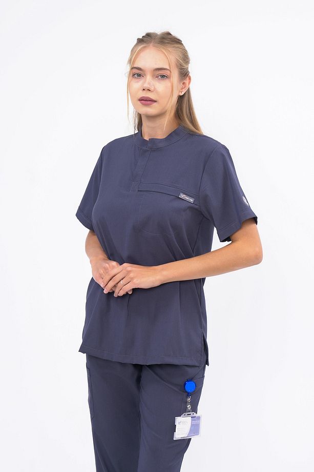 Likralı Takım Yüksek Kaliteli Scrubs Hakim Yaka Hemşire Doktor Üniforma (ÜST) V-019 - 4