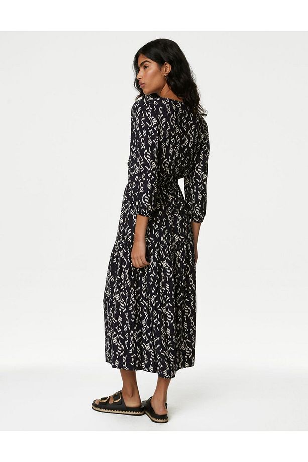 Regular Fit Desenli Midi Elbise - 5