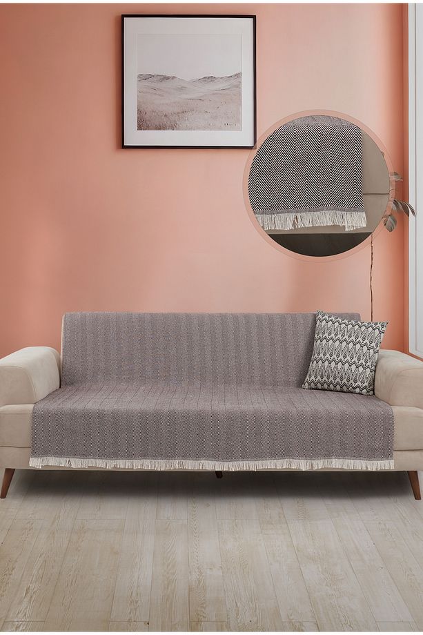 Saçaklı Koltuk Örtüsü | Koltuk Şalı 180x210 Pamuk Kahve - 1