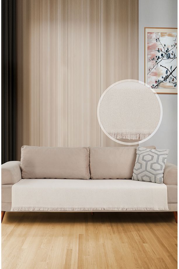Oturma Yerini Kapatan Saçaklı Koltuk Örtüsü %100 Pamuk 115x200cm Ekru - 1