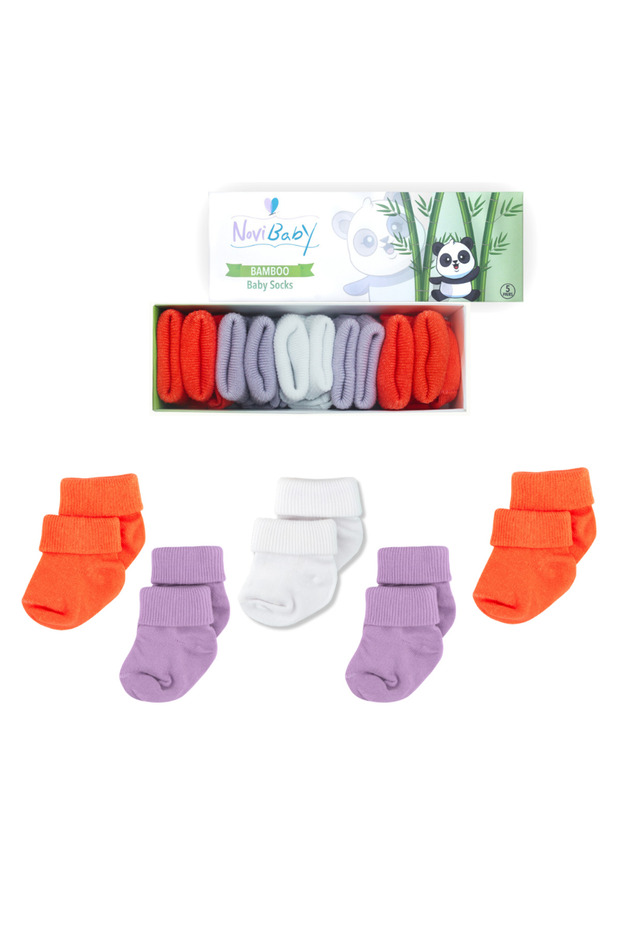 5-Piece Bamboo Newborn Baby Socks I Purple Orange I Baby Girl Boy Socks