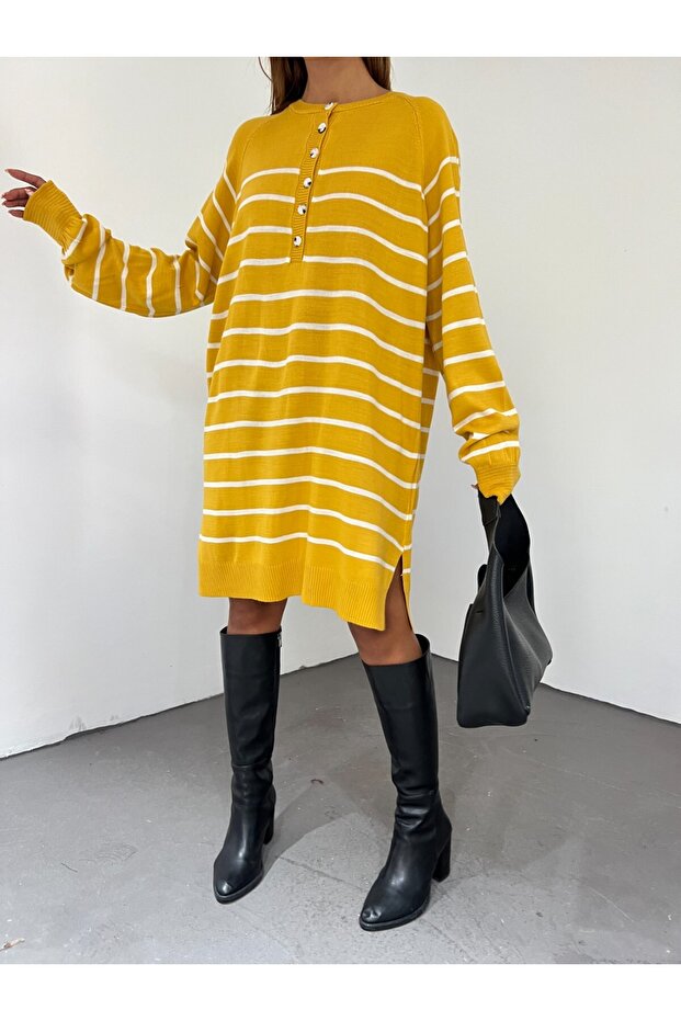 Yarım Düğmeli Yırtmaçlı Triko Tunik -sarı - 2