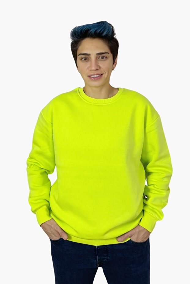 Neon Yeşil Basic Oversize Unisex Sweatshirt - 1