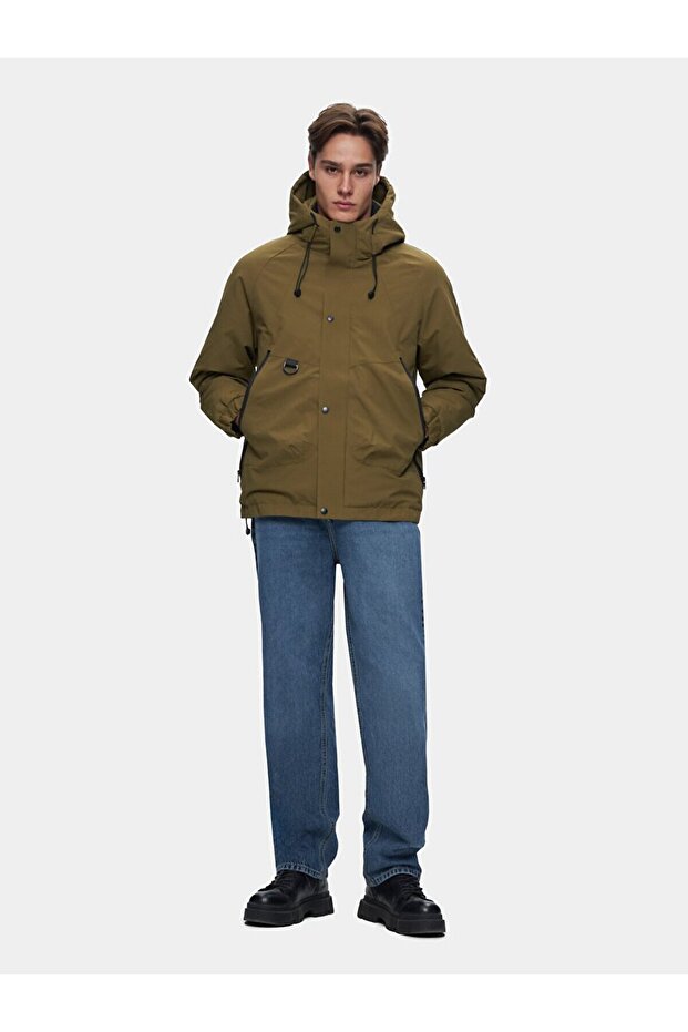 Kapüşonlu Teknık Yeşil Mont - 1