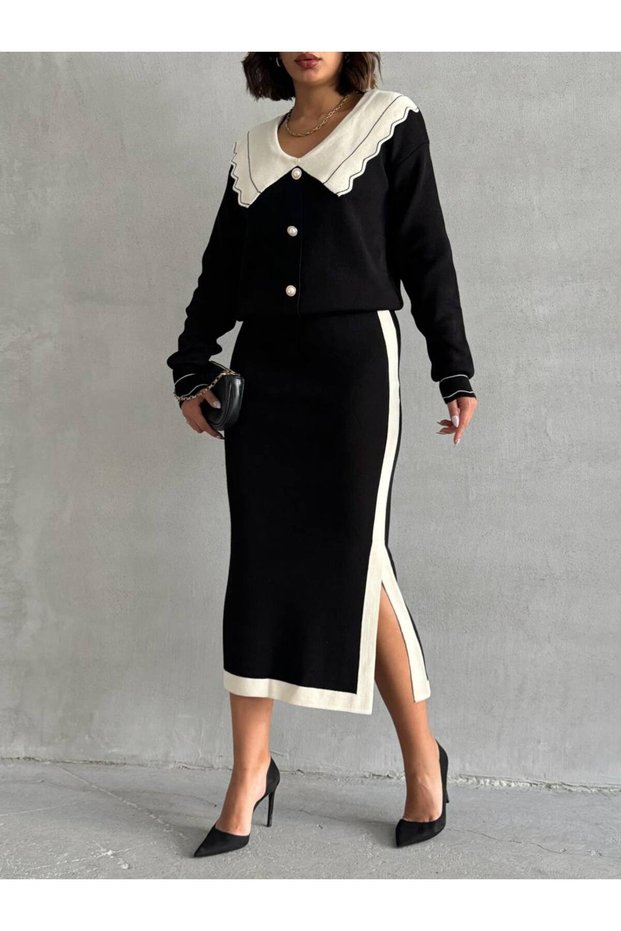 Women's Stylish Collar Detailed Cardigan Skirt Bottom Top Knitwear Set - Black