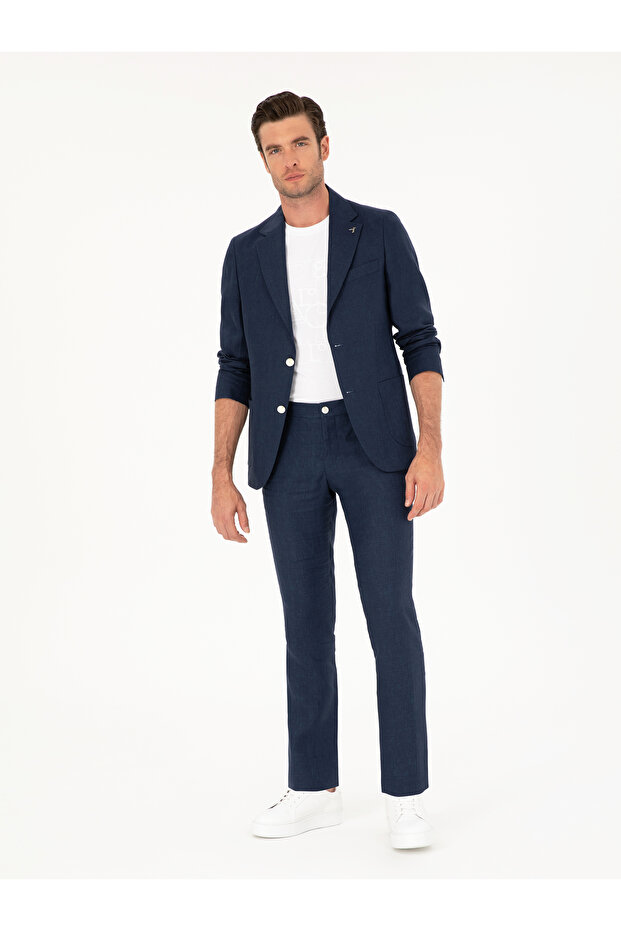 Navy Blue Slim Fit 100% Linen Trousers 50284952-Vr033