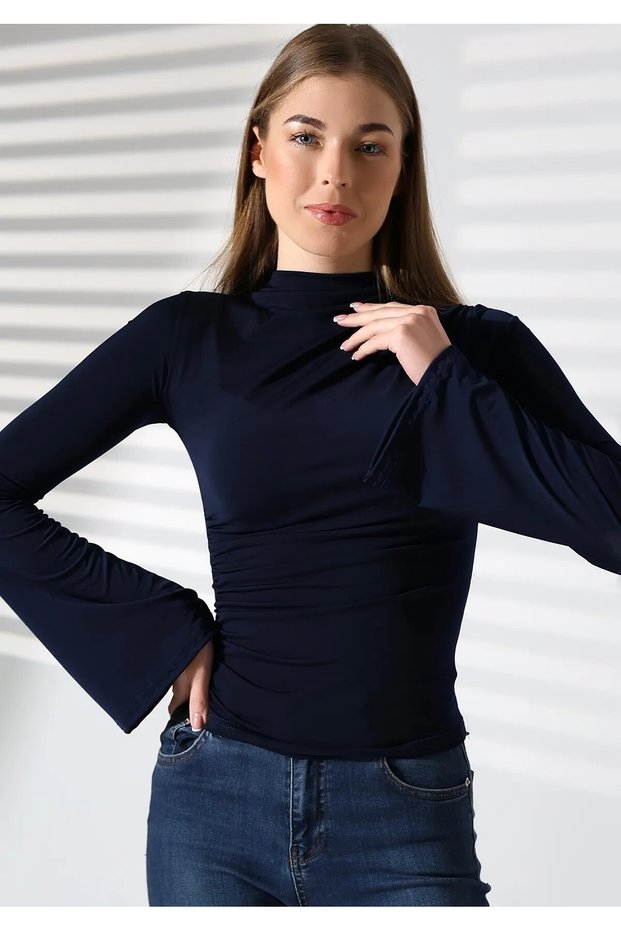 New Season Sandy Gathered Navy Blue Spanish Sleeve Blouse