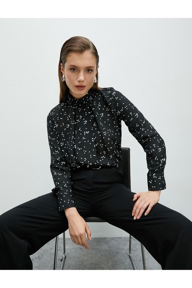 High Collar Blouse with Pleat Detail