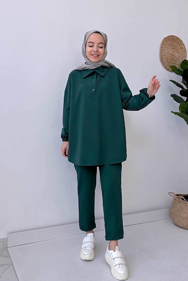 Shirt Collar Two Thread Hijab Set - Emerald