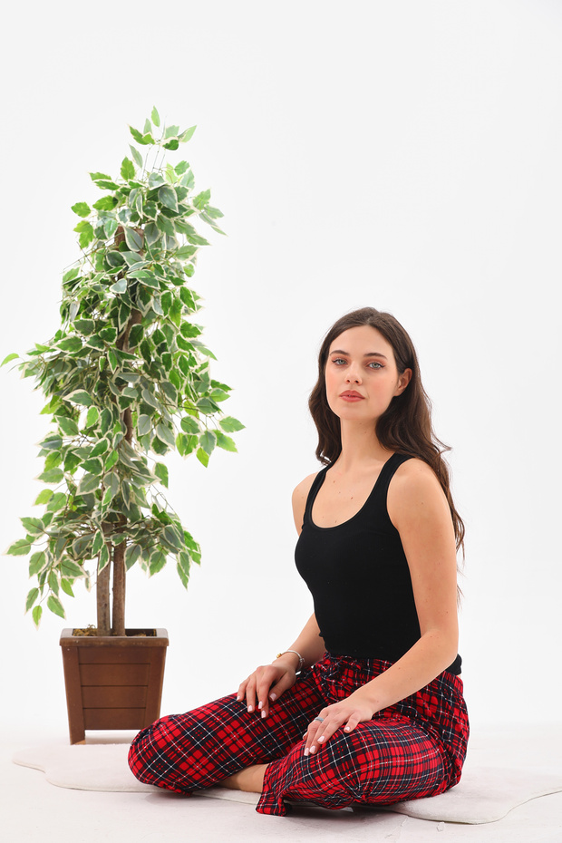 Red Plaid Printed Cotton Unisex Relaxed Pajama Bottoms