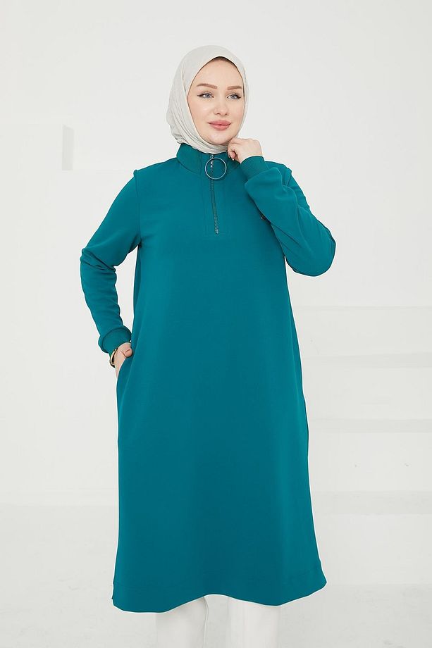 ARMİNE TREND Kolları Ribanalı Yarım Fermuarlı Tunik-Petrol 24KT436 - 6