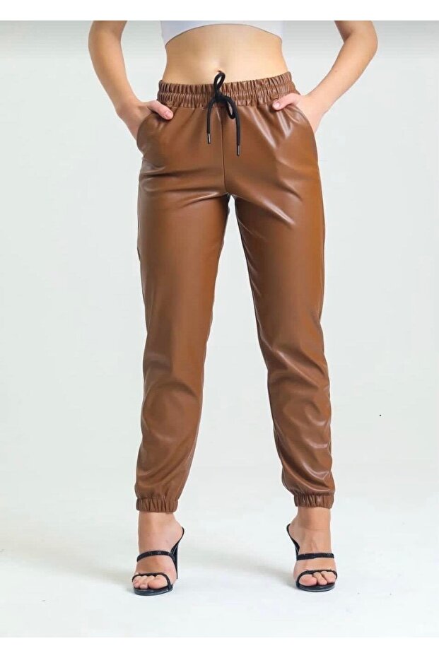 Women's Leather Trousers Tan Jogger Leg