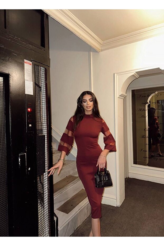 Women's Lapel Neck Bordo Sleeve Tule Detailed Midi Dress