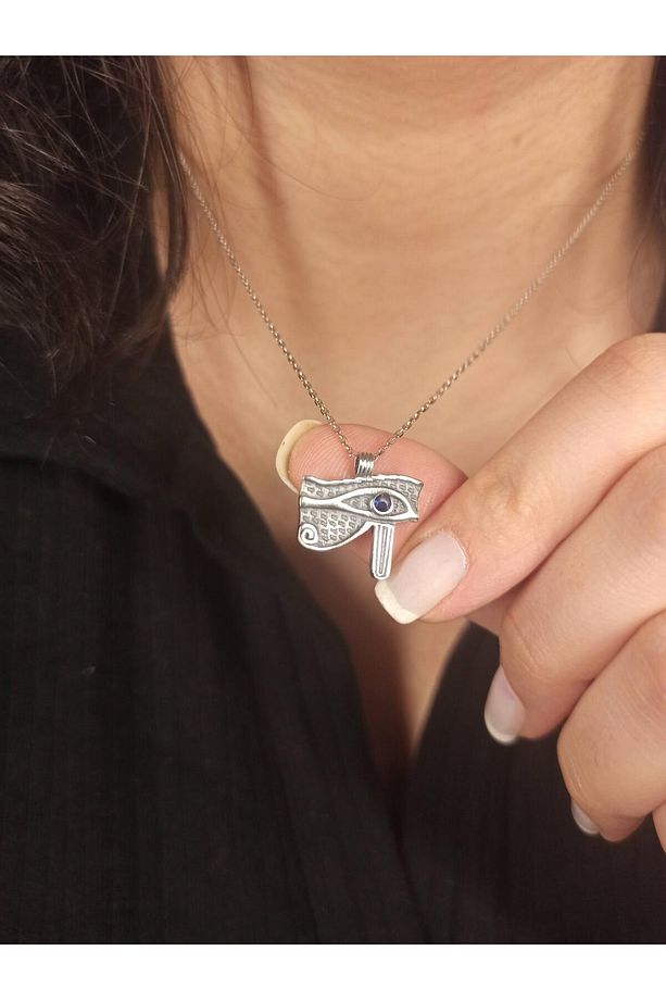 Gümüş mavi taşlı Horus'un gözü kolye, Ra'nın gözü kolye, Eye of Horus Kolye, Hediyelik kolye - 2