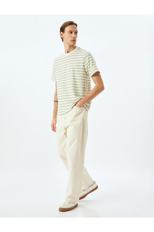 Crew Neck Short Sleeve Regular Fit Cotton Blended Towel Fabric Striped T-Shirt
