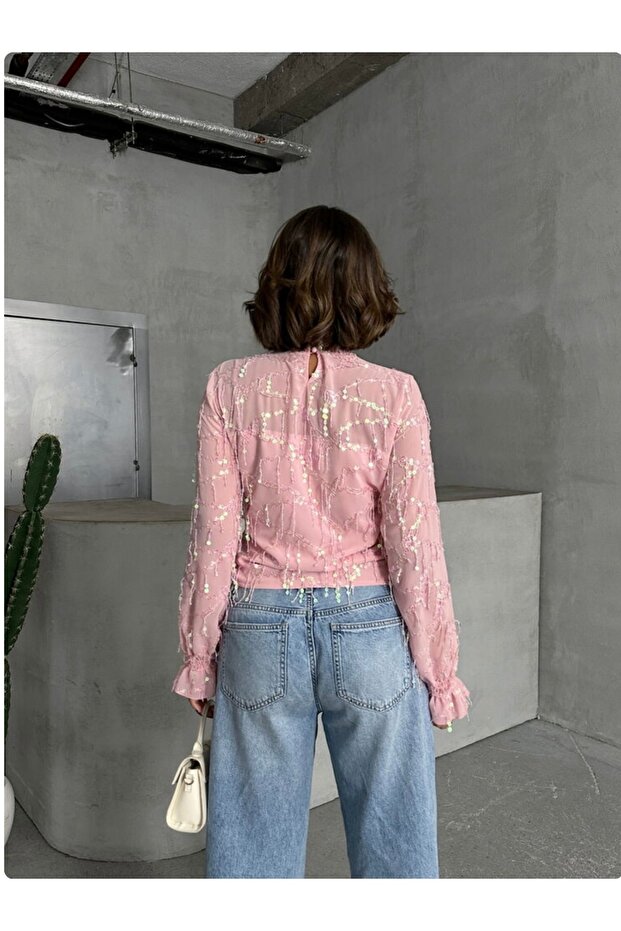 PEMBE SAÇAKLI PULLU BLUZ - 3