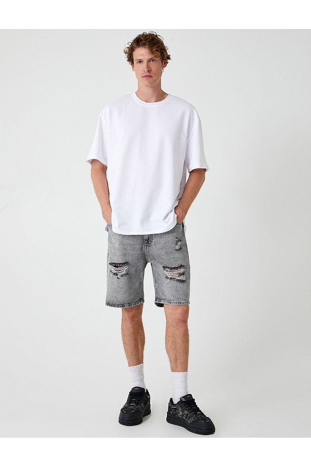 Oversize Kot Şort Bermuda Cepli Yıpratma Detaylı - 2