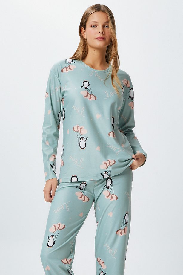 Kadın Ely Premium Bisiklet Yaka Mint Penguen Süet Doku Yılbaşı Pijama Takımı - 2