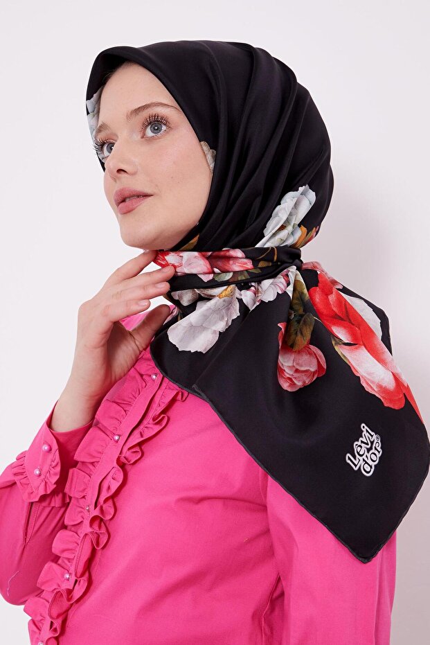وشاح حريري بنمط الورد الأسود - 1