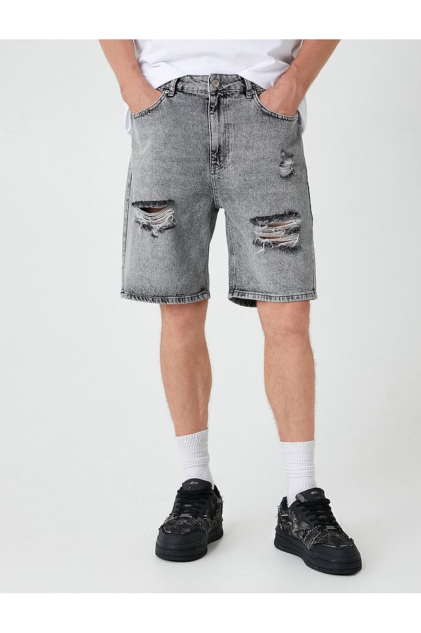 Oversize Kot Şort Bermuda Cepli Yıpratma Detaylı - 3