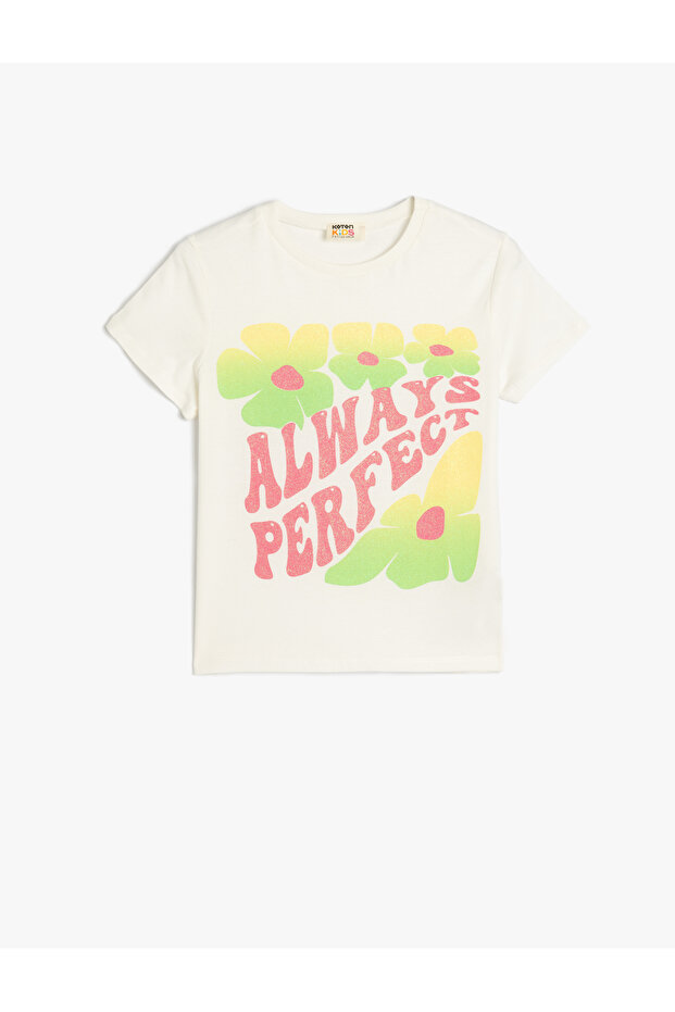 T-Shirt Short Sleeve Crew Neck Slogan Printed Glitter Detail Cotton
