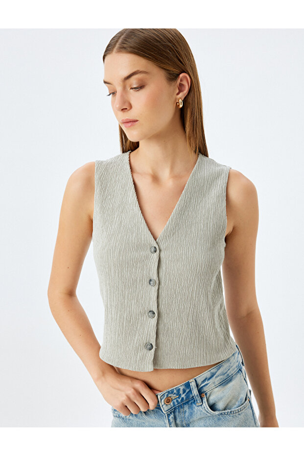Textured Buttoned V-Neck Vest