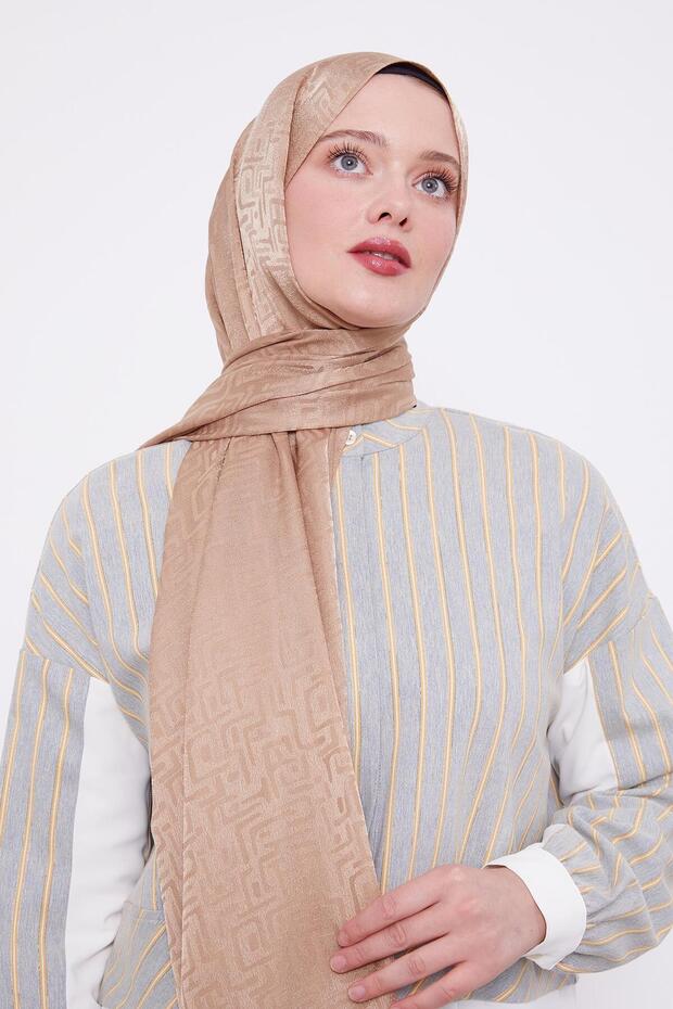 Sütlü Kahve Labirent Desen Jakarlı Janjan Şal - 1