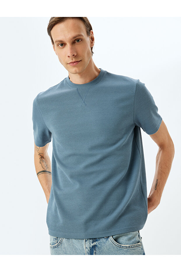 Crew Neck Stitching Detail Regular Fit Cotton Blend Short Sleeve T-Shirt