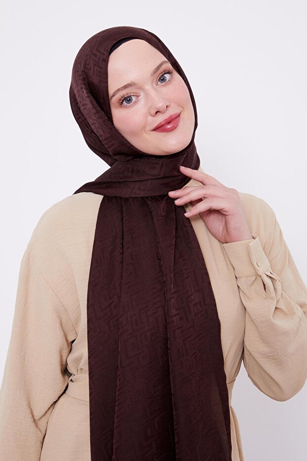 Acı Kahve Labirent Desen Jakarlı Janjan Şal - 2