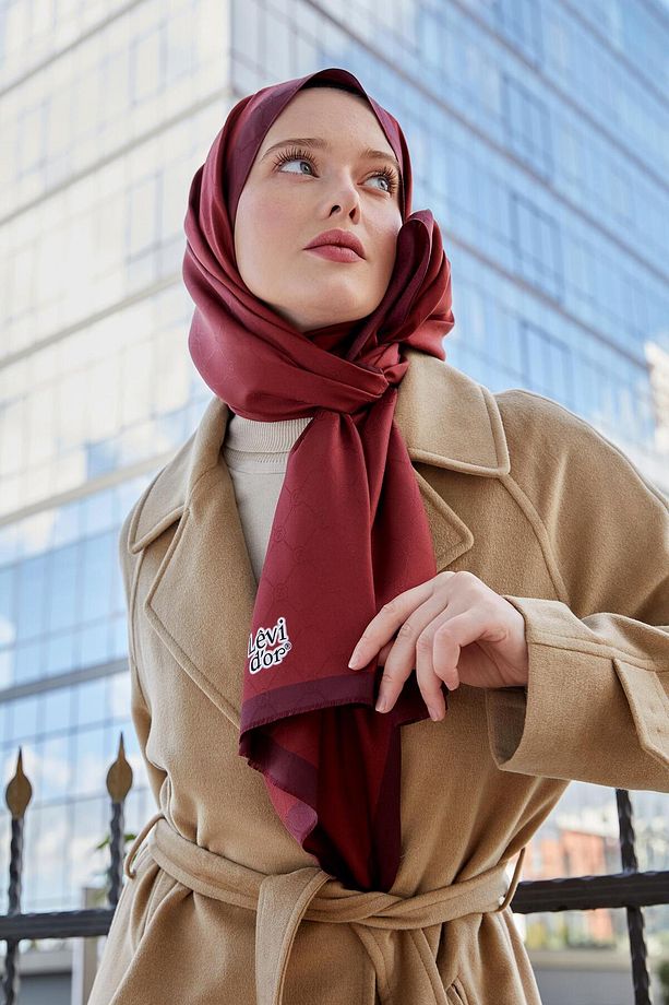 Bordo Petek Desen Monogram İpek Şal - 2