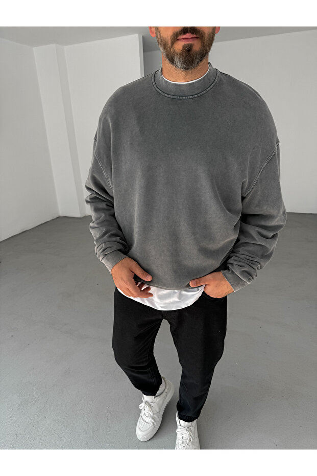 Antrasit Yıkamalı Basic Sweatshirt DF-2065 - 3