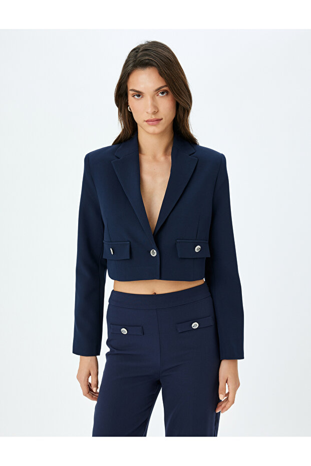 Double Breasted Buttoned Crop Blazer Jacket - 3