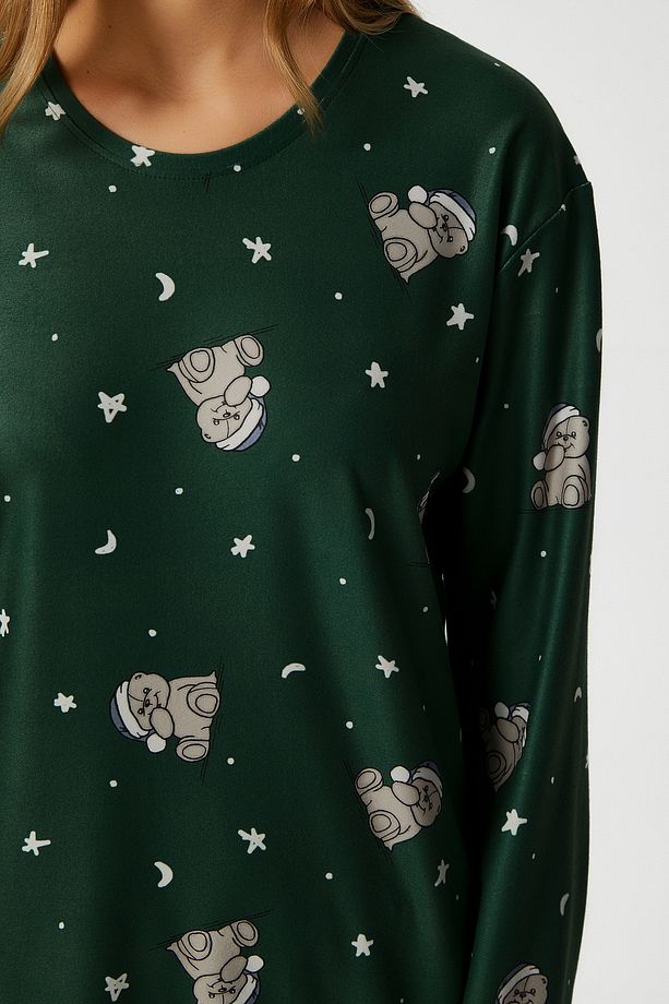 Kadın Ely Premium Bisiklet Yaka Yeşil Ayıcık Süet Doku Yılbaşı Pijama Takımı - 2