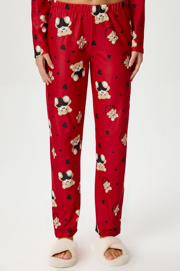 Kadın Ely Premium Bisiklet Yaka Kırmızı Ayıcık Süet Doku Yılbaşı Pijama Takımı - 5