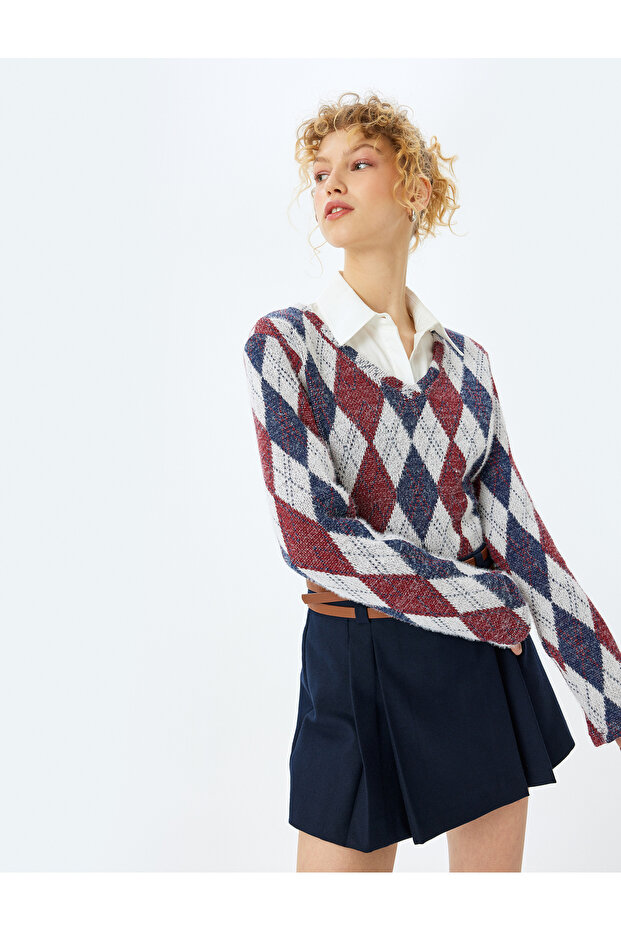 Plaid V-Neck Long Sleeve T-Shirt
