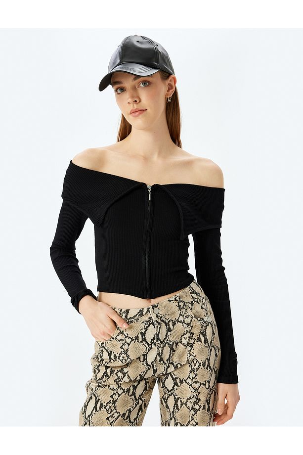 Fermuarlı Omzu Açık Uzun Kollu Slim Fit Tişört - 3
