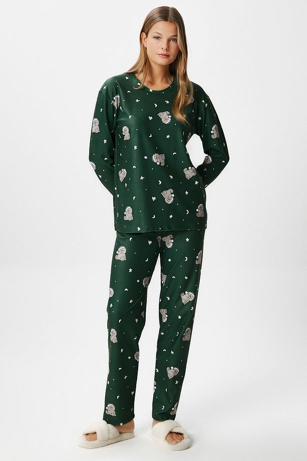 Kadın Ely Premium Bisiklet Yaka Yeşil Ayıcık Süet Doku Yılbaşı Pijama Takımı - 7