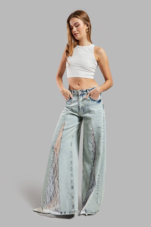 Kadın T.Kot Rengi 4S565 Dantel Detaylı Palazzo Fit Tasarım Denim - 4