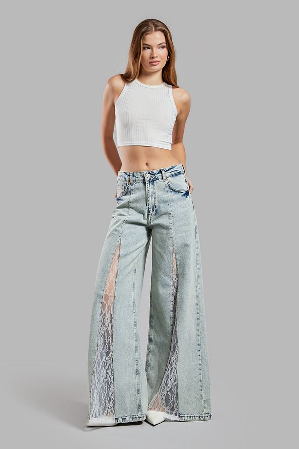 Kadın T.Kot Rengi 4S565 Dantel Detaylı Palazzo Fit Tasarım Denim - 7
