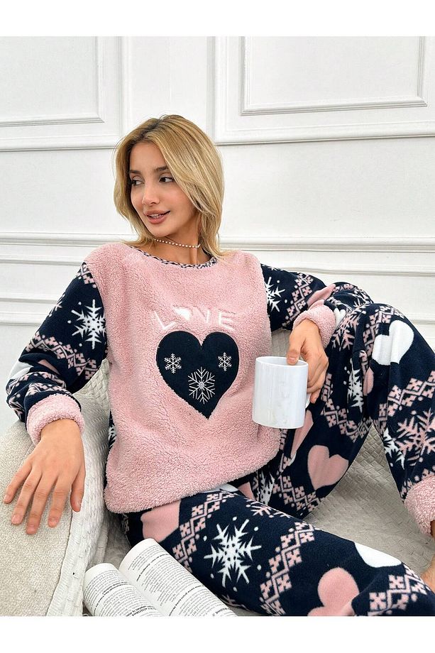 Kalp Desenli Nakışlı Polar Önü Soft Kadın Pijama Takımı Vg012 - 3