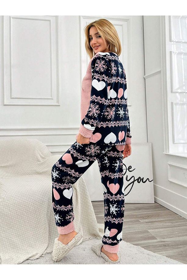 Kalp Desenli Nakışlı Polar Önü Soft Kadın Pijama Takımı Vg012 - 4